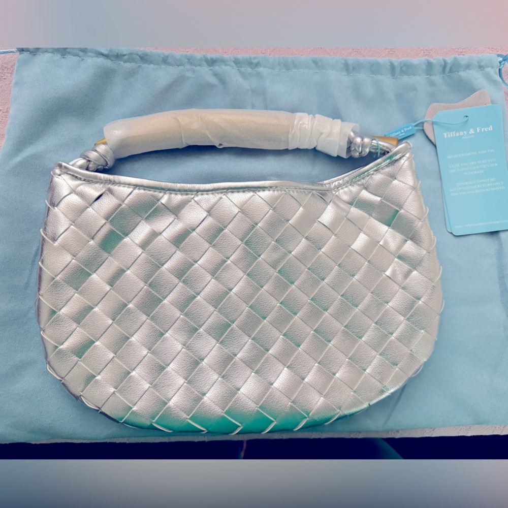 NWT Tiffany & Fred Silver Woven Leather Bag with Metal Handle